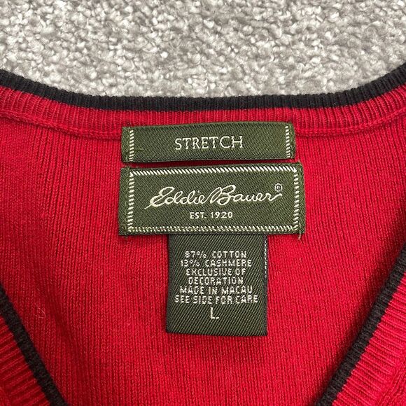 Eddie Bauer Stretch Pullover Sweater Women Large Red Black V-Neck Cashmere Blend - Picture 6 of 12